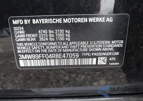 2024 BMW 3 Series 330I xDrive из США, поврежденный, VIN 3MW89FF04R8E47059